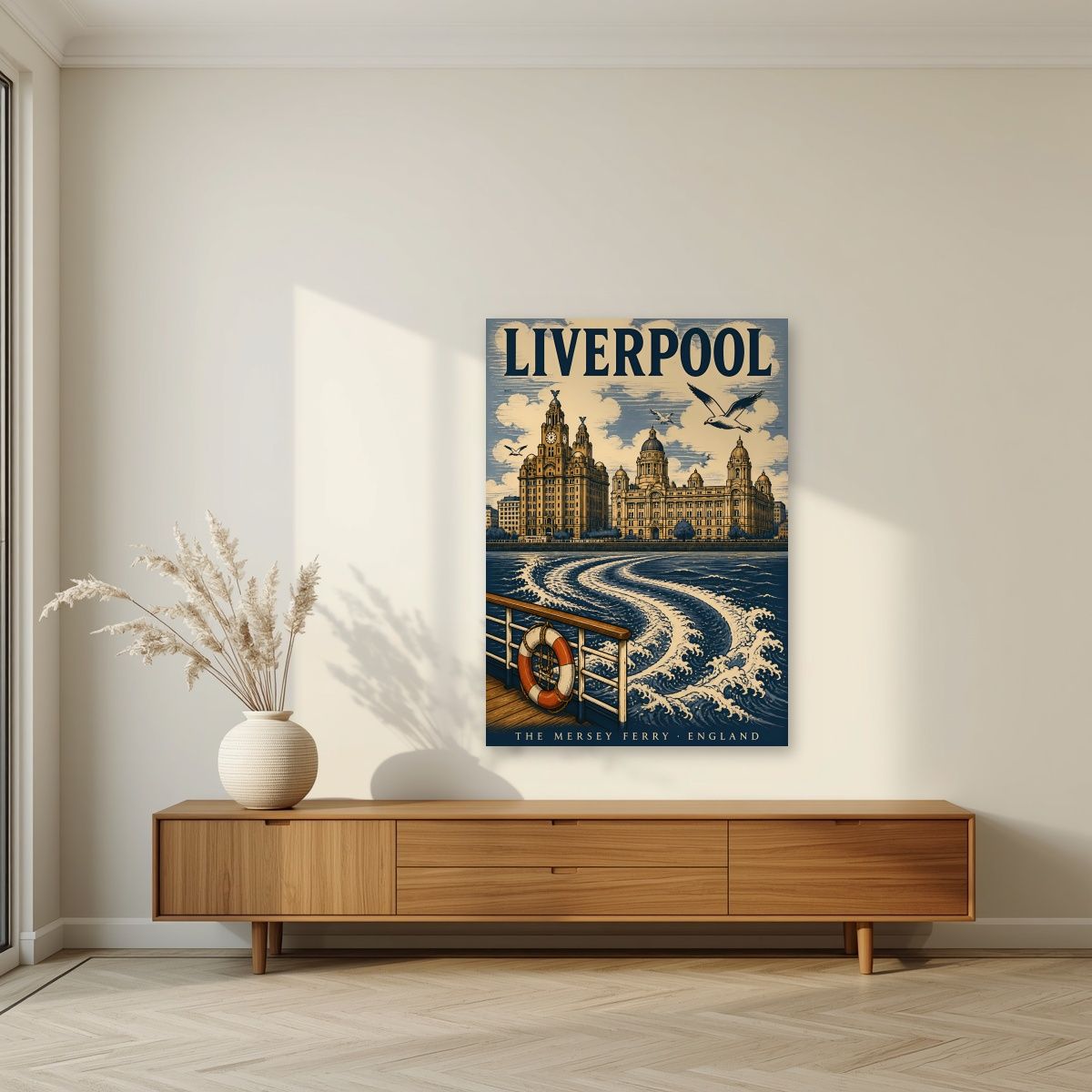 The Mersey Ferry — Liverpool art print, unframed poster, styled in a living room