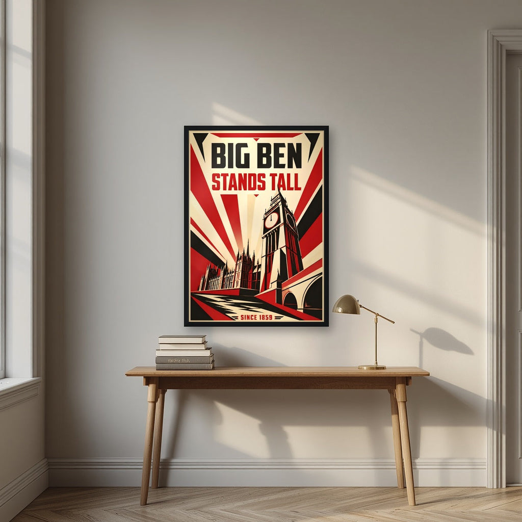 Big Ben Stands Tall London art print in a black frame, above an oak writing desk
