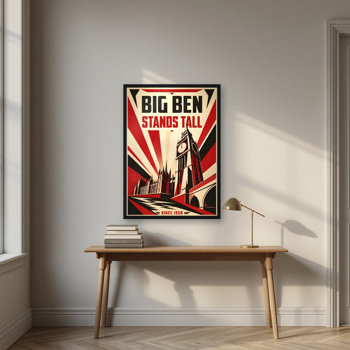 Big Ben Stands Tall London art print in a black frame, above an oak writing desk