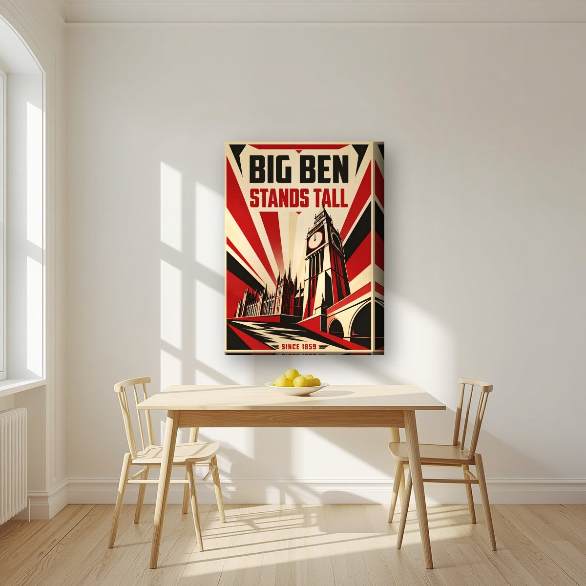 Big Ben Stands Tall London art print on a thick-edge canvas, above a dining table in a bright kitchen