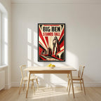 Big Ben Stands Tall London art print in a black frame, above a dining table in a bright kitchen