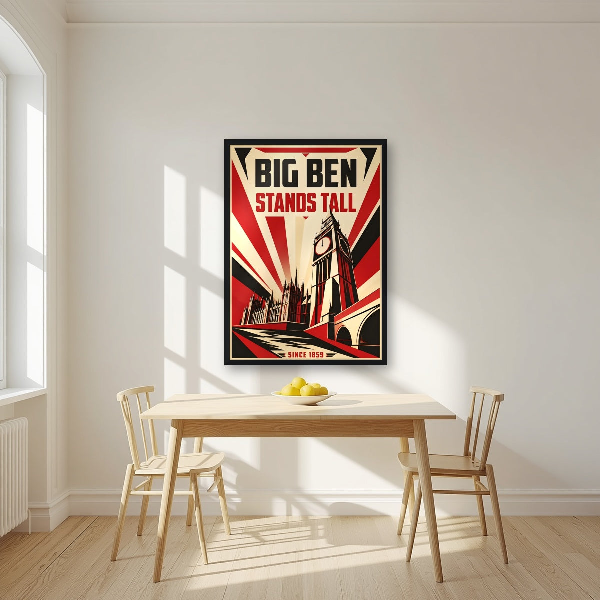 Big Ben Stands Tall London art print in a black frame, above a dining table in a bright kitchen
