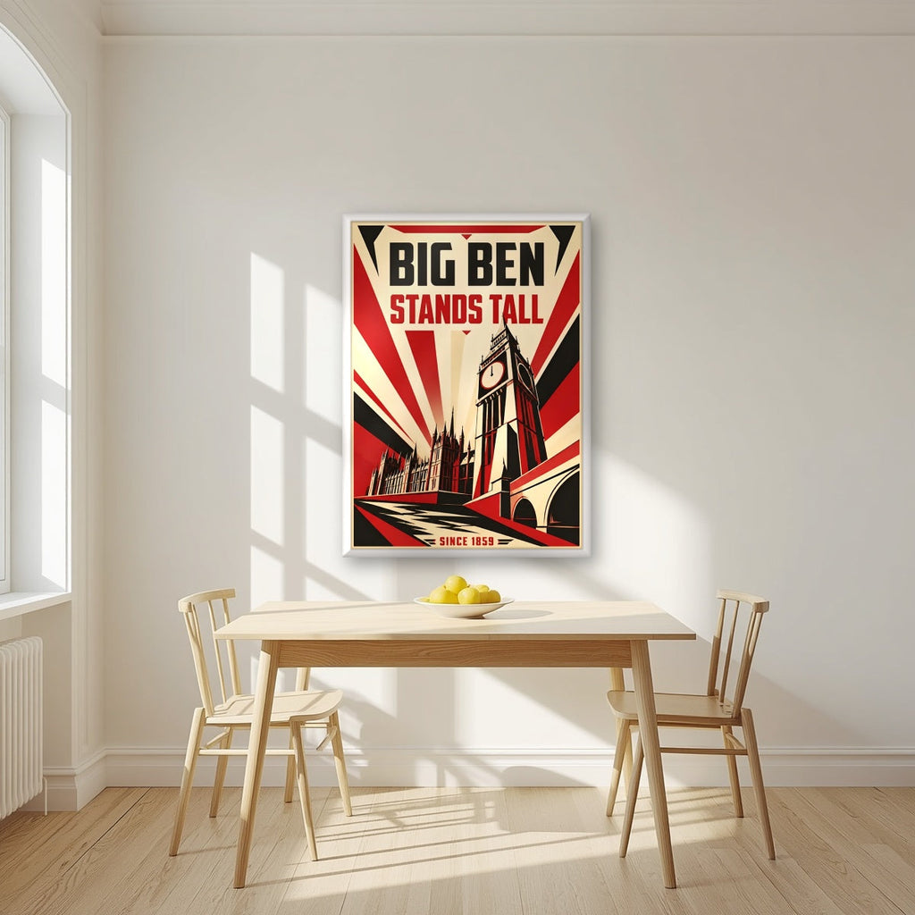 Big Ben Stands Tall London art print in a white frame, above a dining table in a bright kitchen