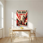 Big Ben Stands Tall London art print in a white frame, above a dining table in a bright kitchen