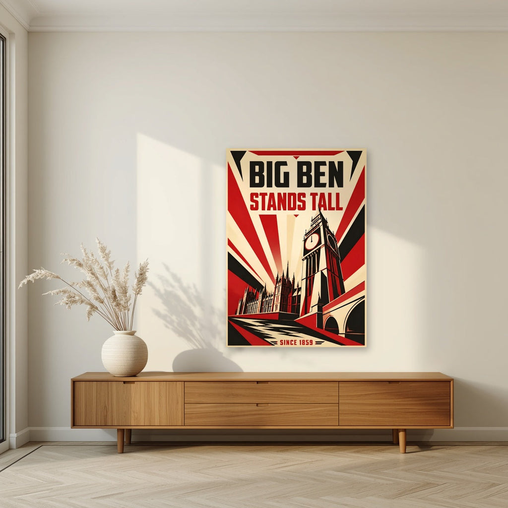 Big Ben Stands Tall London art print as an unframed print, above a walnut sideboard in a living room