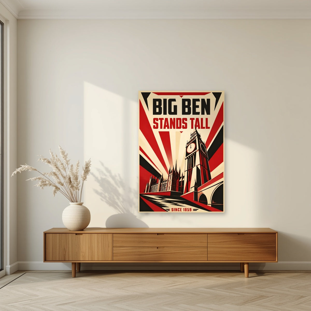 Big Ben Stands Tall London art print as an unframed print, above a walnut sideboard in a living room