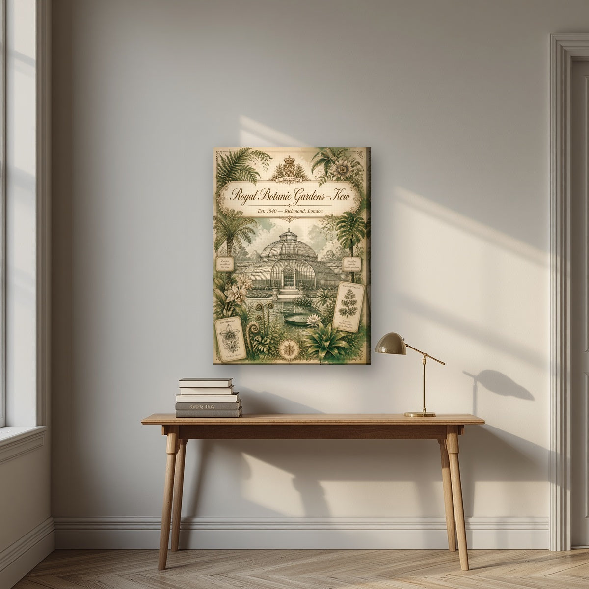 Kew Gardens London art print on a slim-edge canvas, above an oak writing desk