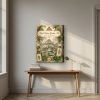 Kew Gardens London art print on a thick-edge canvas, above an oak writing desk