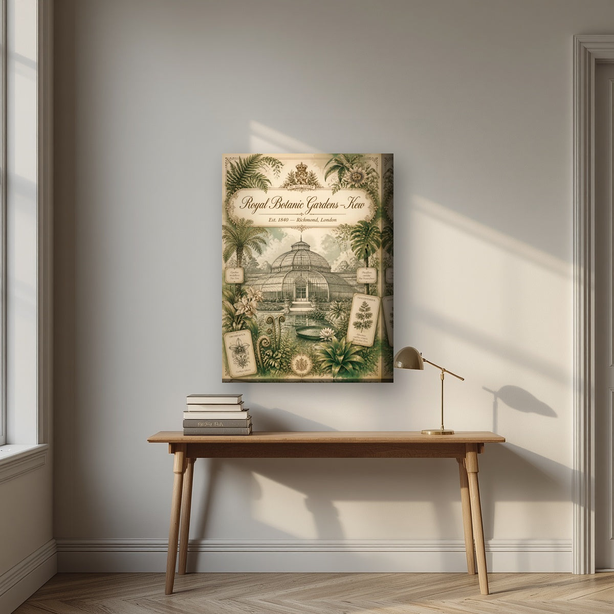 Kew Gardens London art print on a thick-edge canvas, above an oak writing desk
