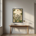 Kew Gardens London art print in a black frame, above an oak writing desk