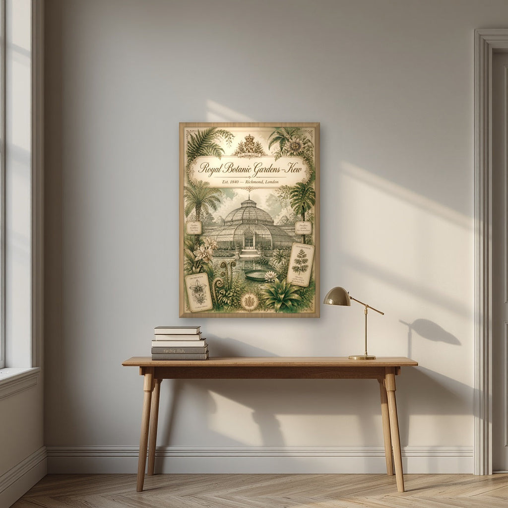 Kew Gardens London art print in an oak frame, above an oak writing desk