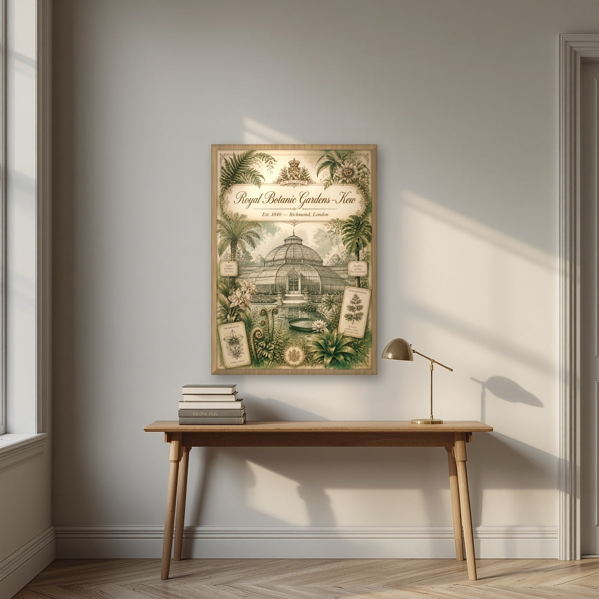 Kew Gardens London art print in an oak frame, above an oak writing desk
