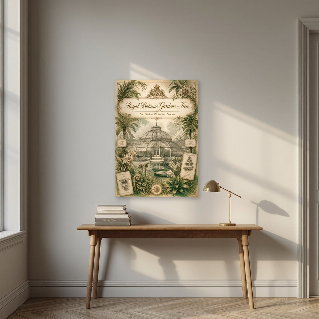 Kew Gardens London art print as an unframed print, above an oak writing desk