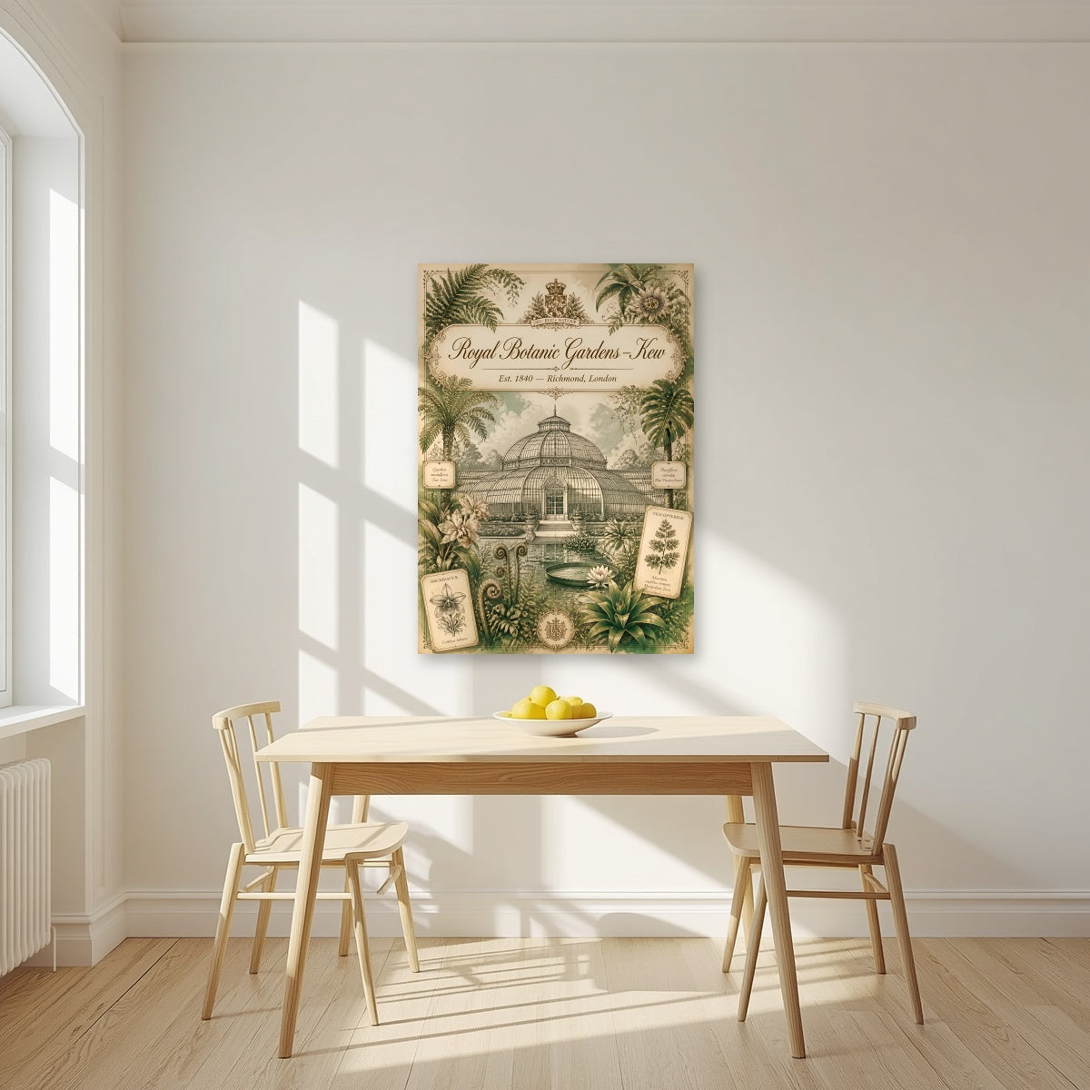 Kew Gardens London art print as an unframed print, above a dining table in a bright kitchen