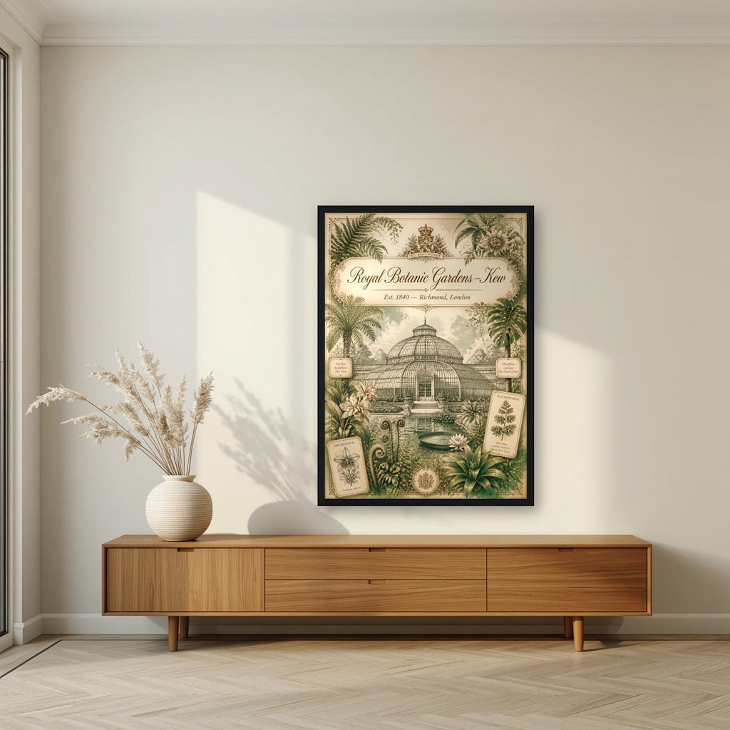 Kew Gardens London art print in a black frame, above a walnut sideboard in a living room