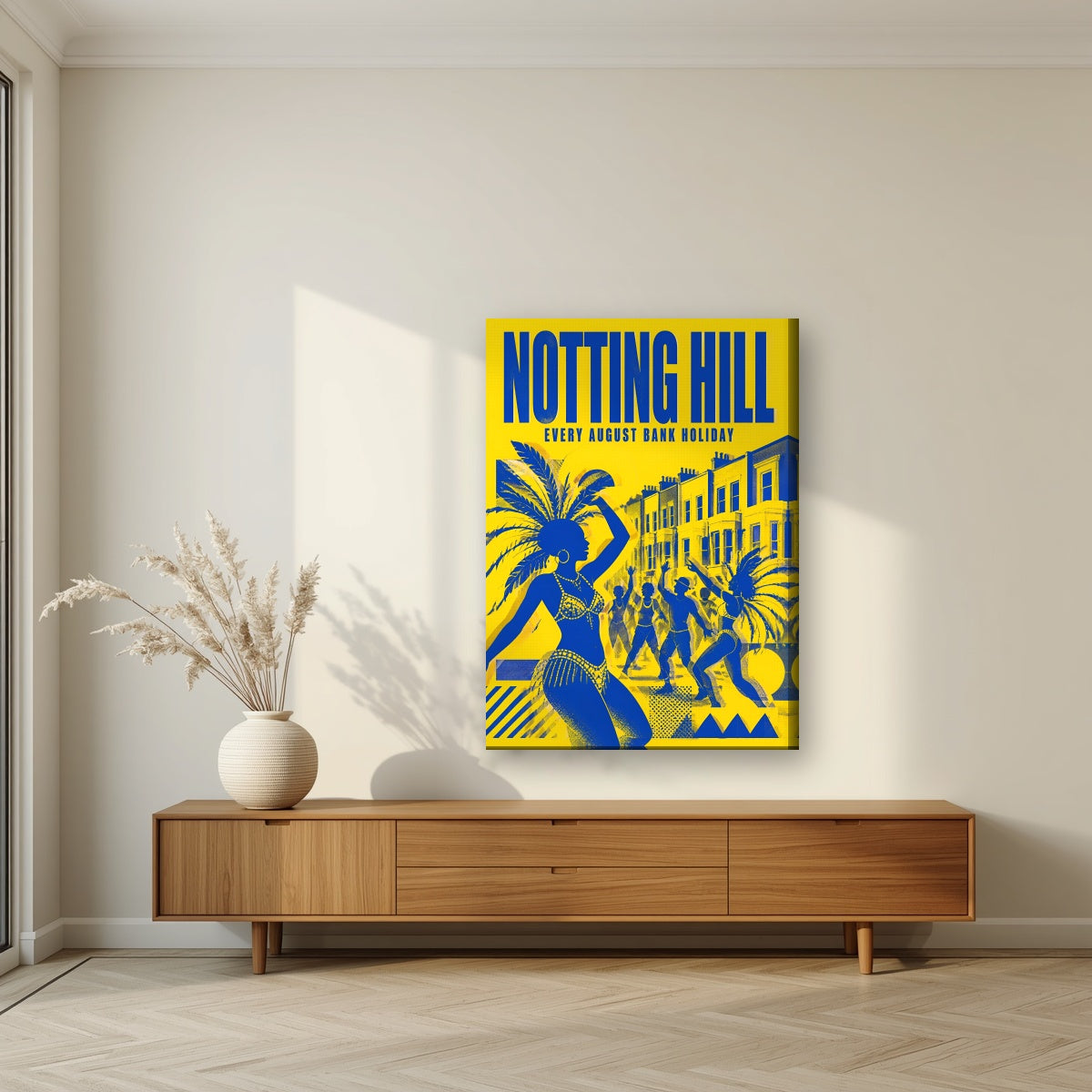 Notting Hill London art print on a slim-edge canvas, above a walnut sideboard in a living room