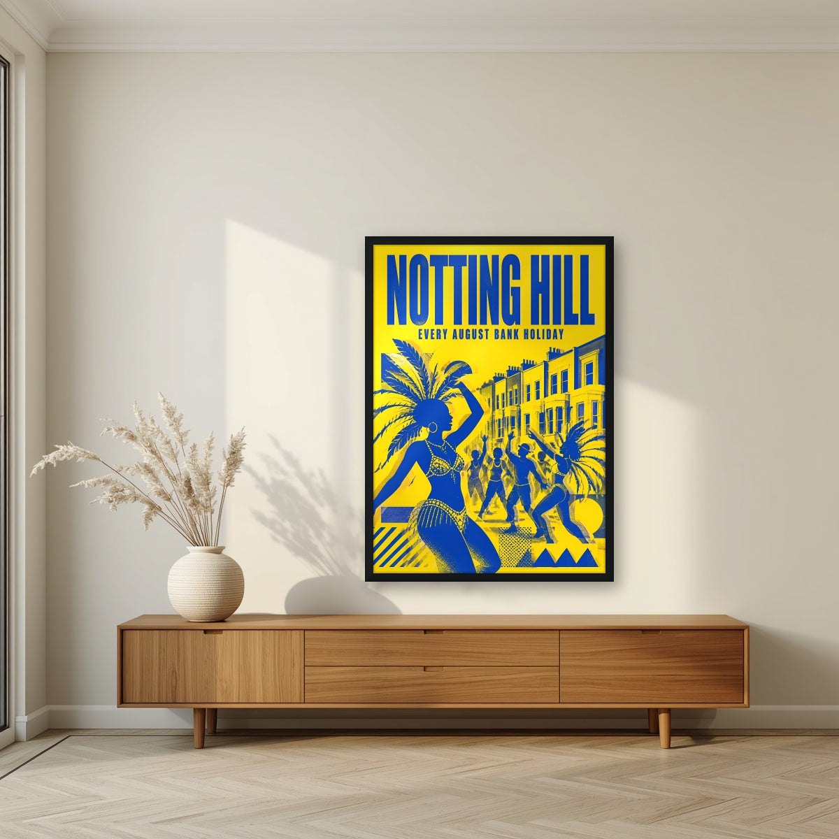Notting Hill London art print in a black frame, above a walnut sideboard in a living room