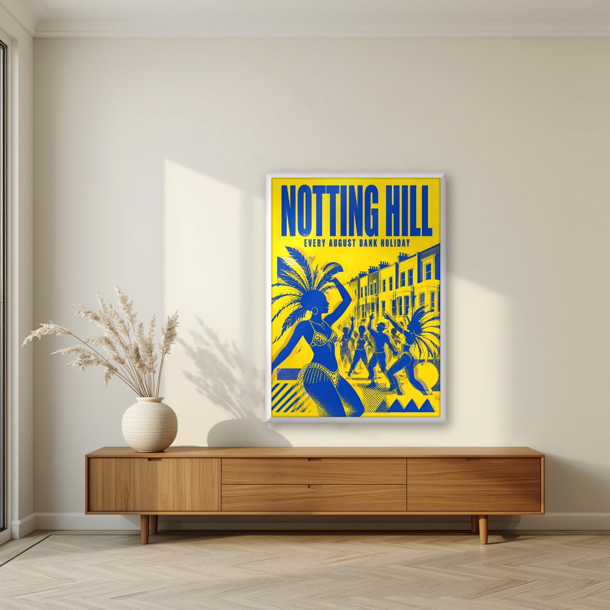 Notting Hill London art print in a white frame, above a walnut sideboard in a living room