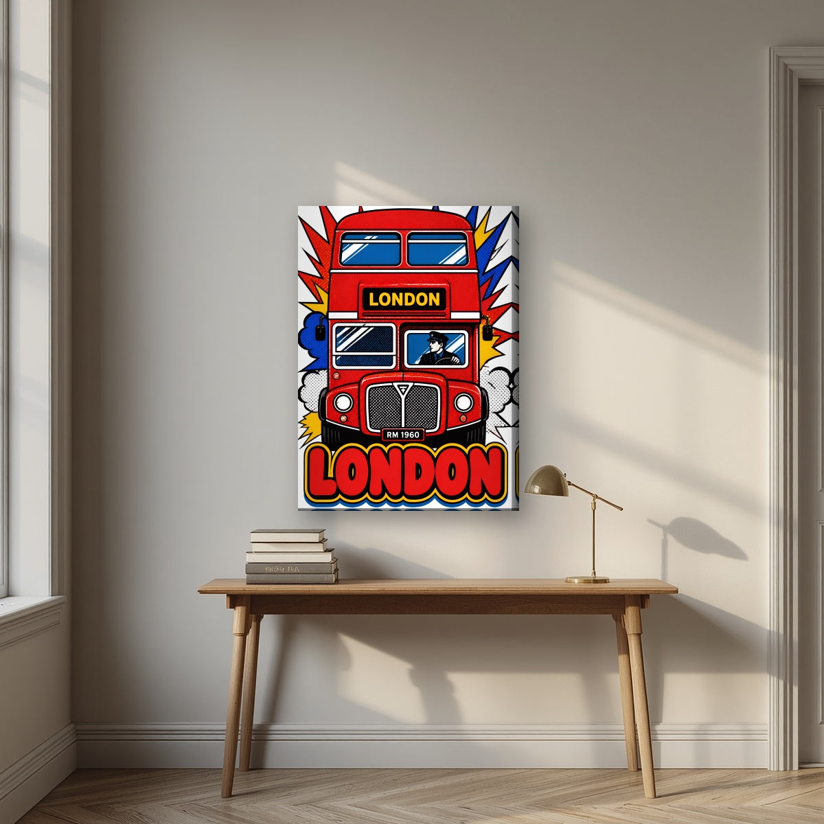 Routemaster London art print on a slim-edge canvas, above an oak writing desk