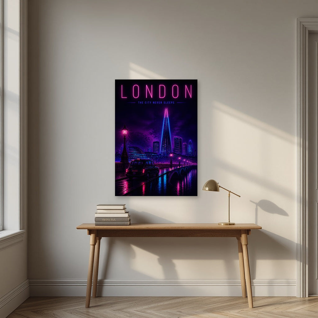 The City Never Sleeps London art print as an unframed print, above an oak writing desk