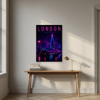 The City Never Sleeps London art print as an unframed print, above an oak writing desk