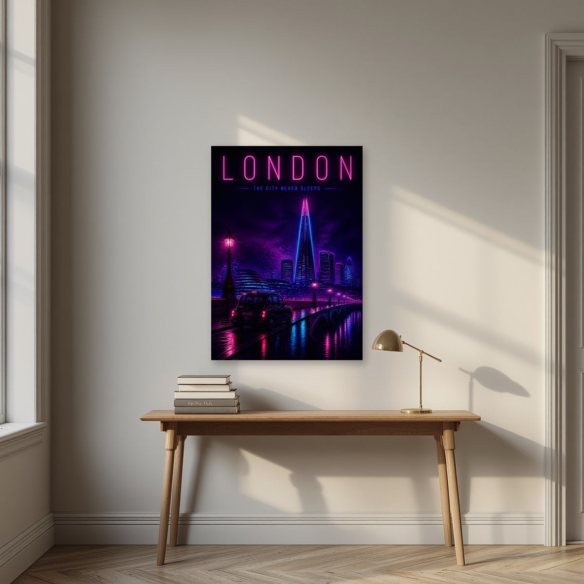 The City Never Sleeps London art print as an unframed print, above an oak writing desk