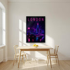 The City Never Sleeps London art print in a black frame, above a dining table in a bright kitchen