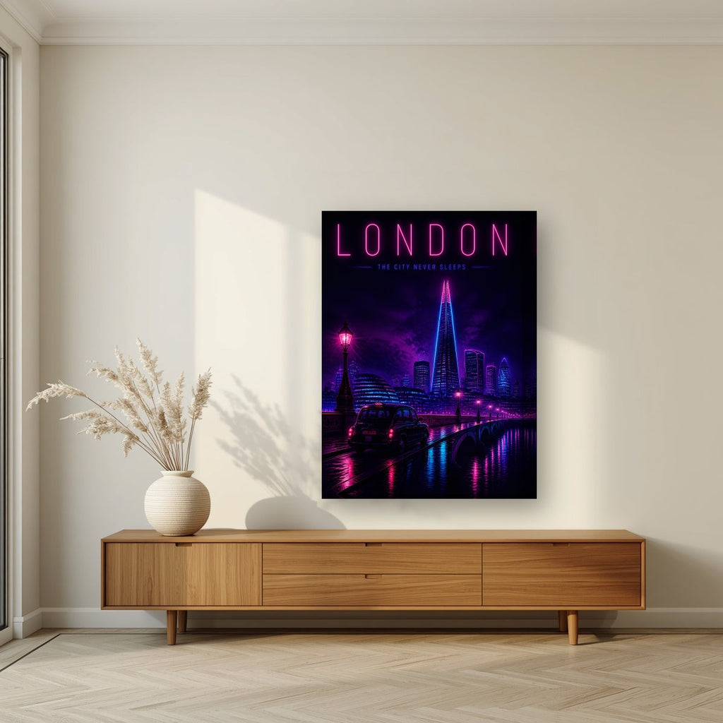The City Never Sleeps London art print on a thick-edge canvas, above a walnut sideboard in a living room