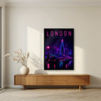 The City Never Sleeps London art print in a black frame, above a walnut sideboard in a living room