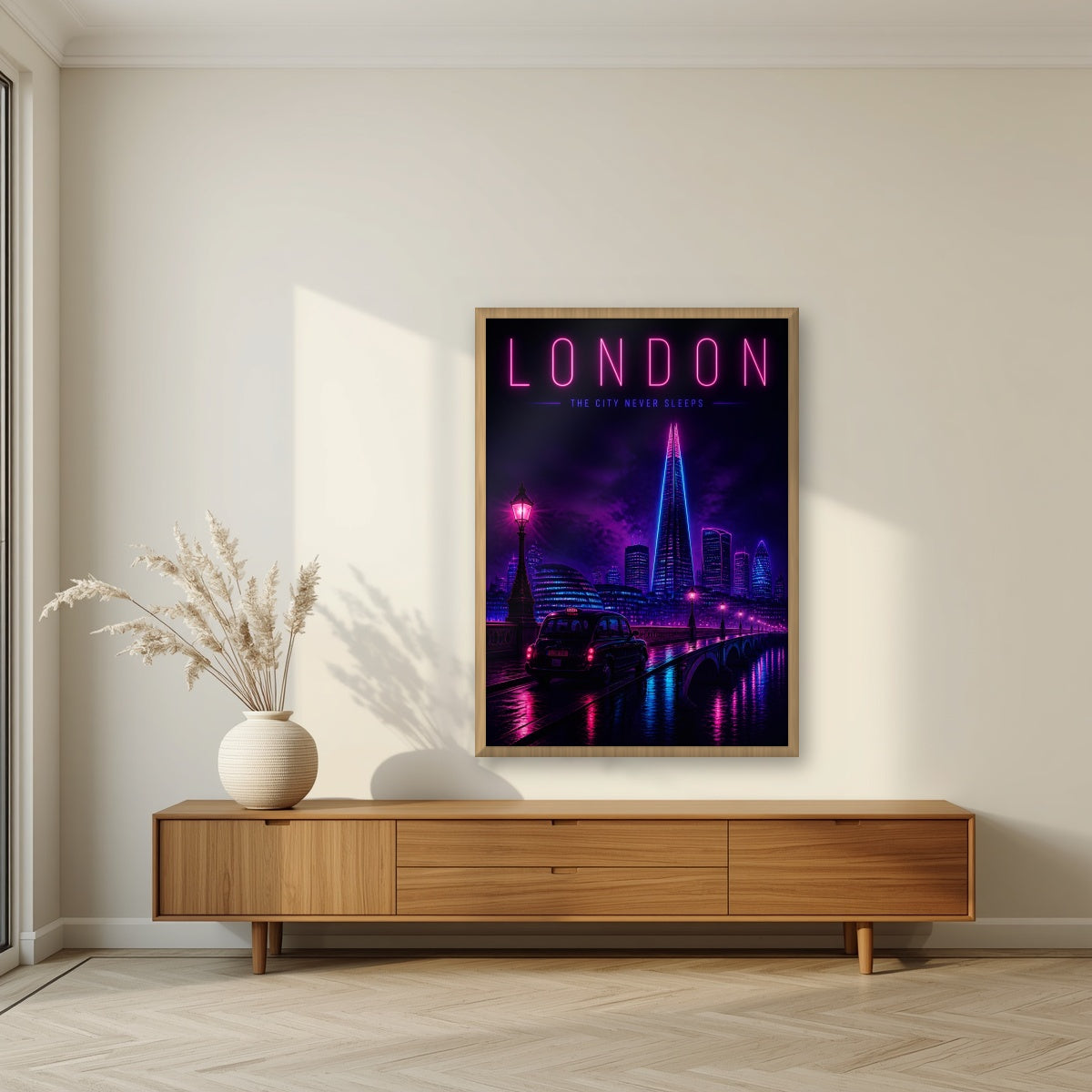 The City Never Sleeps London art print in an oak frame, above a walnut sideboard in a living room