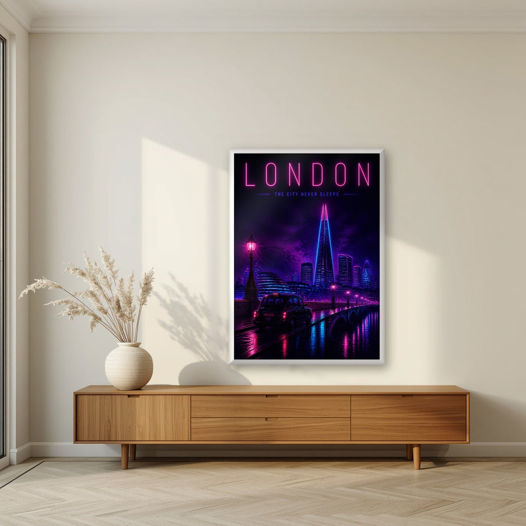 The City Never Sleeps London art print in a white frame, above a walnut sideboard in a living room