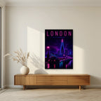 The City Never Sleeps London art print as an unframed print, above a walnut sideboard in a living room
