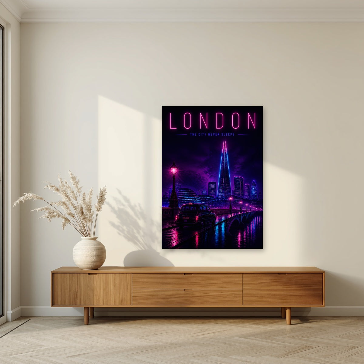 The City Never Sleeps London art print as an unframed print, above a walnut sideboard in a living room
