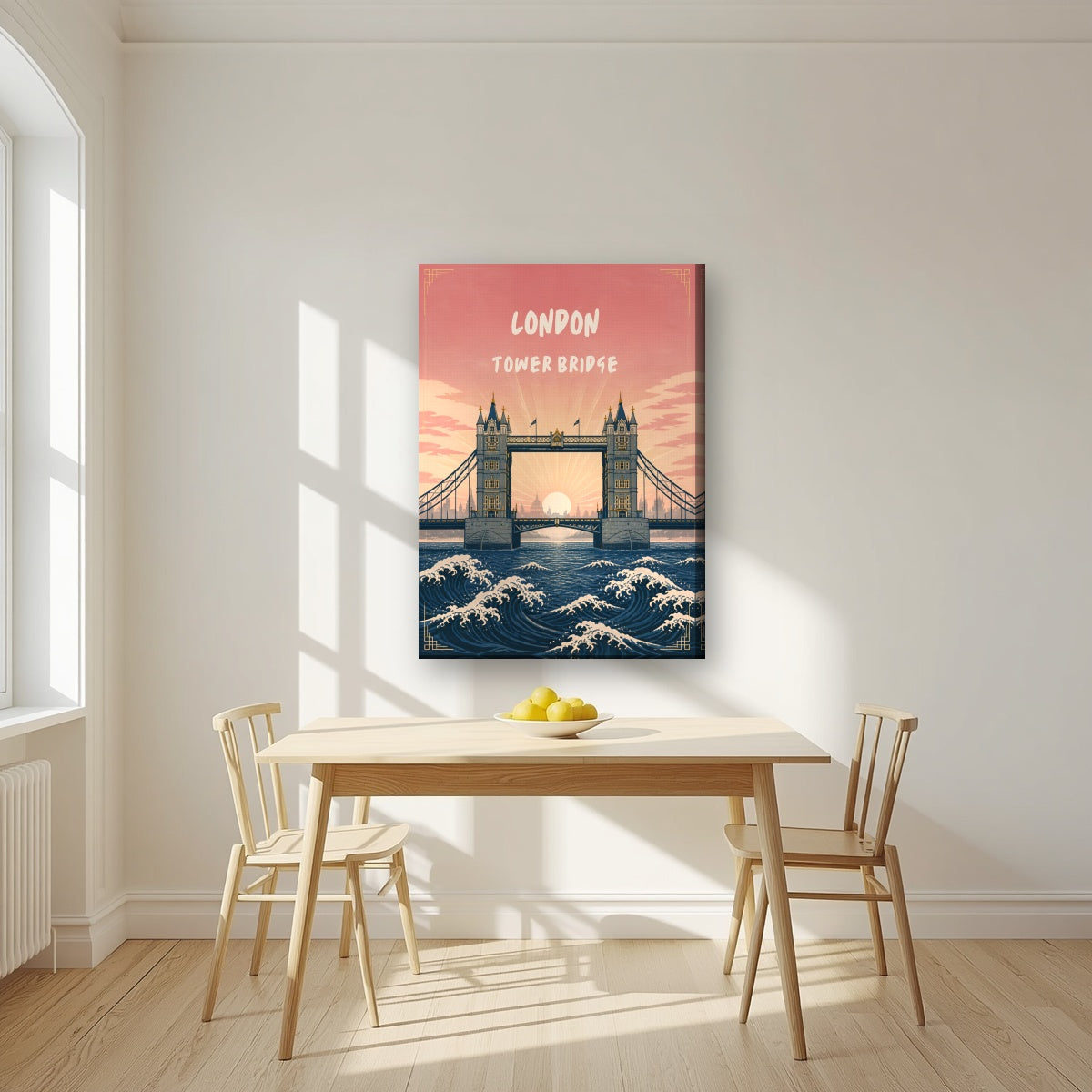 Tower Bridge London art print on a slim-edge canvas, above a dining table in a bright kitchen