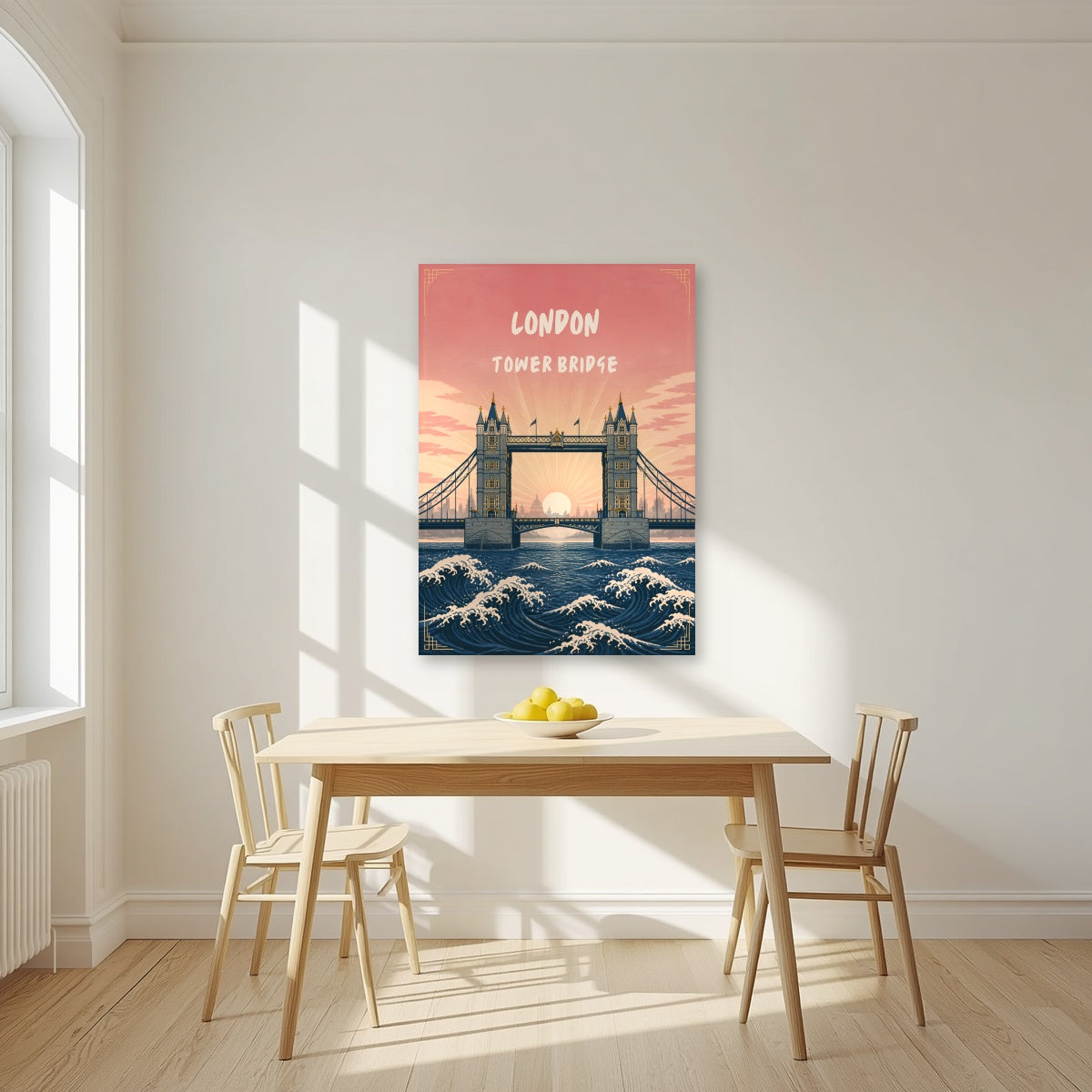 Tower Bridge London art print as an unframed print, above a dining table in a bright kitchen