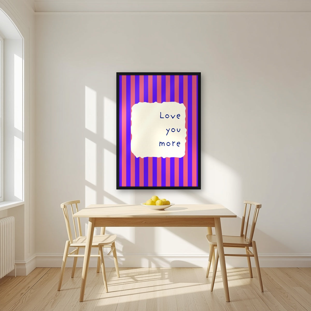 Love You More – Capri Violet print in a black frame in a kitchen