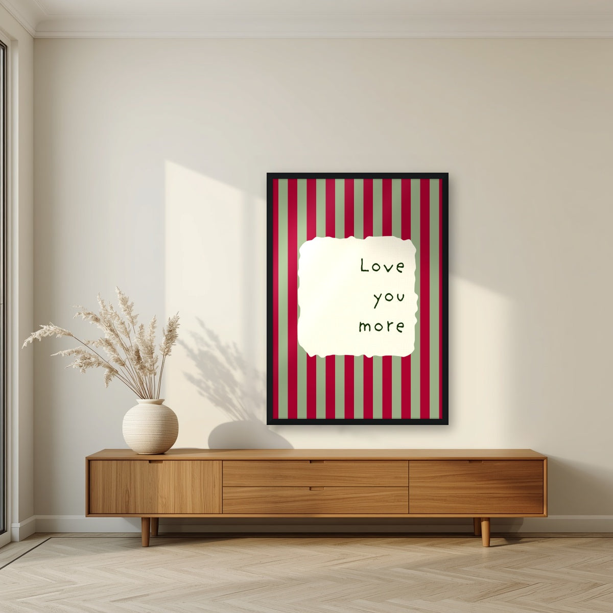 Love You More – Garden Sage print in a black frame in a living room