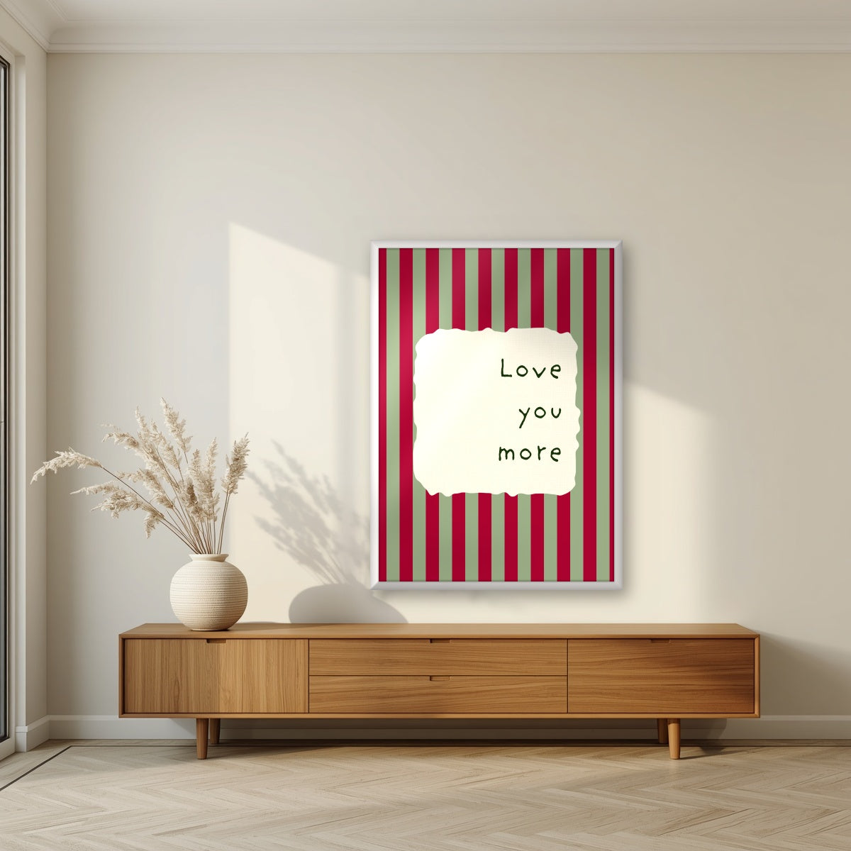 Love You More – Garden Sage print in a white frame in a living room