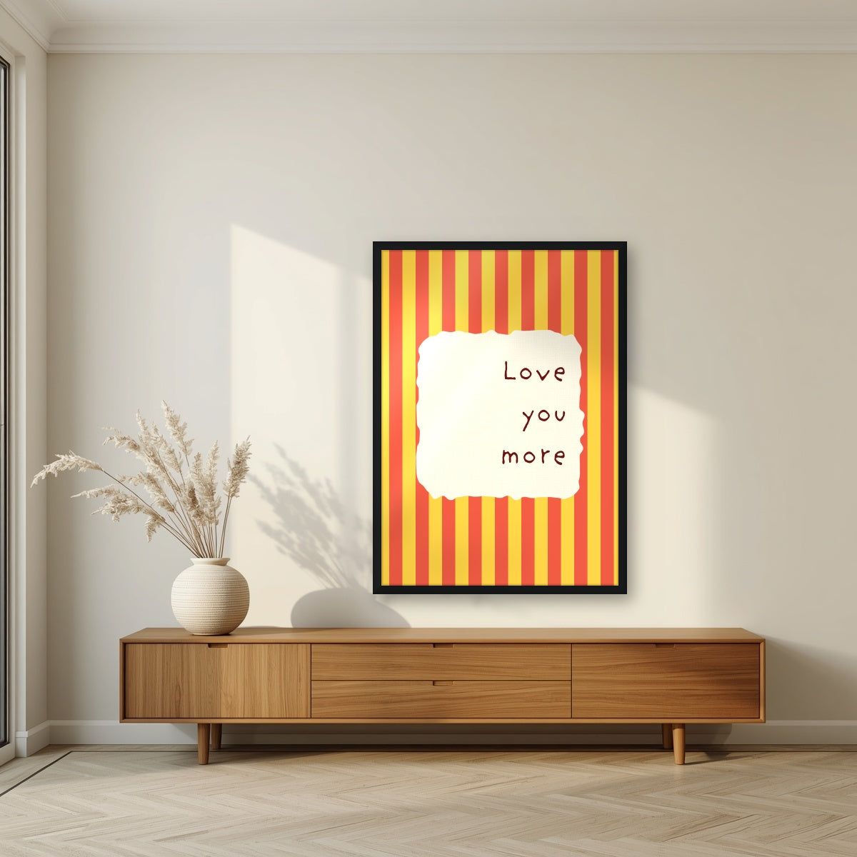 Love You More – Marmalade Stripe print in a black frame in a living room