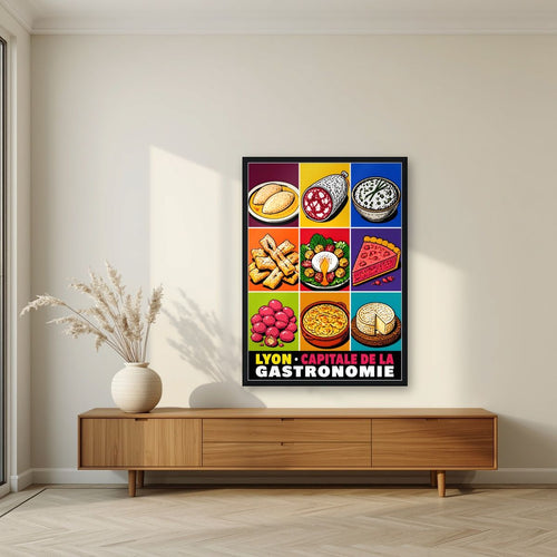 Capitale de la Gastronomie — Lyon art print, in a black frame, styled in a living room