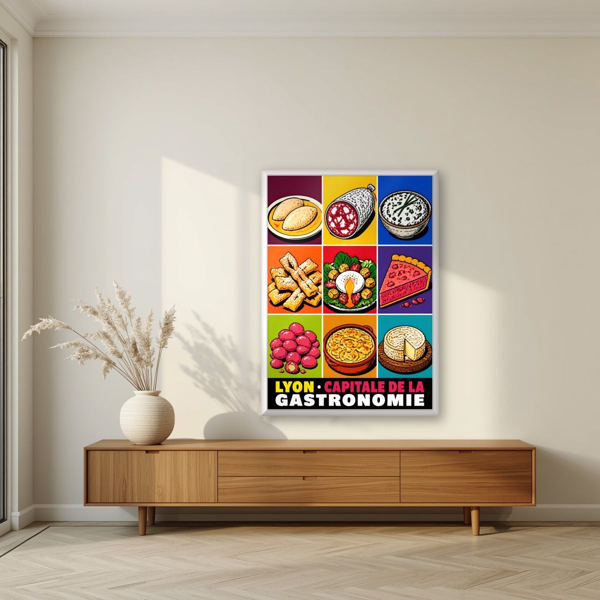 Capitale de la Gastronomie — Lyon art print, in a white frame, styled in a living room
