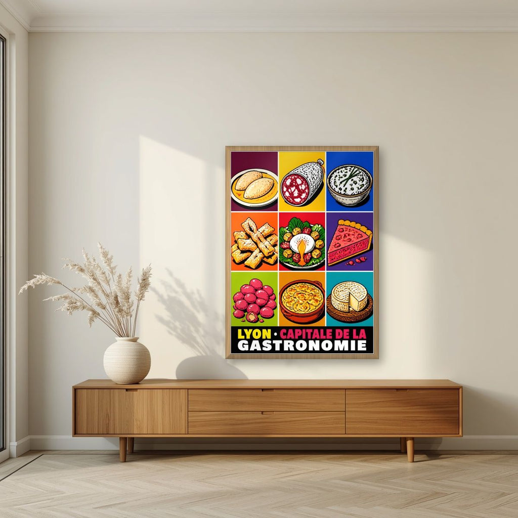 Capitale de la Gastronomie — Lyon art print, in an oak frame, styled in a living room