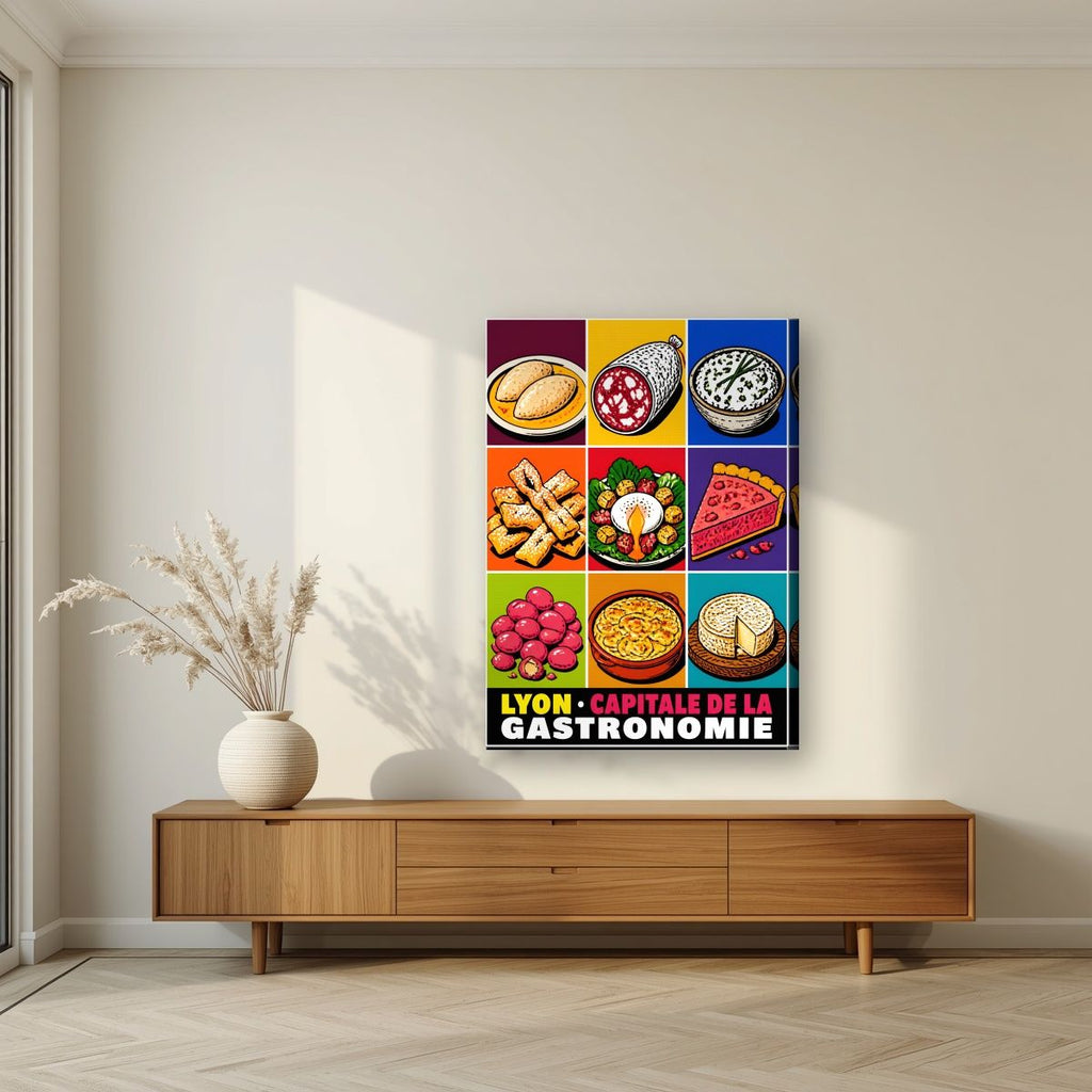 Capitale de la Gastronomie — Lyon art print, on slim canvas, styled in a living room