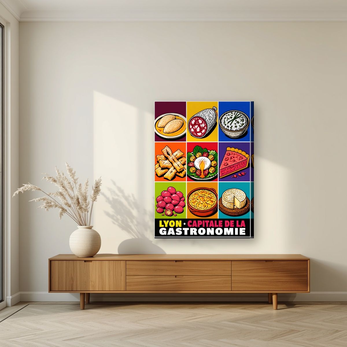 Capitale de la Gastronomie — Lyon art print, on slim canvas, styled in a living room