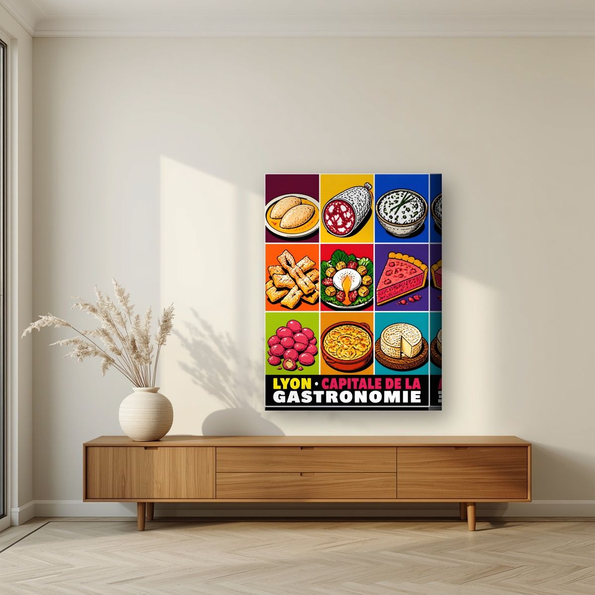 Capitale de la Gastronomie — Lyon art print, on thick canvas, styled in a living room