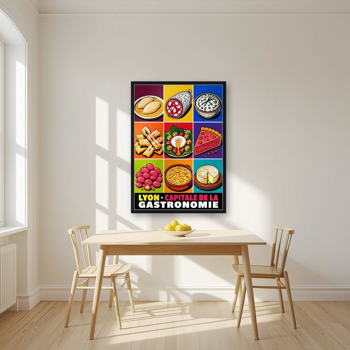 Capitale de la Gastronomie — Lyon art print, in a black frame, styled in a kitchen