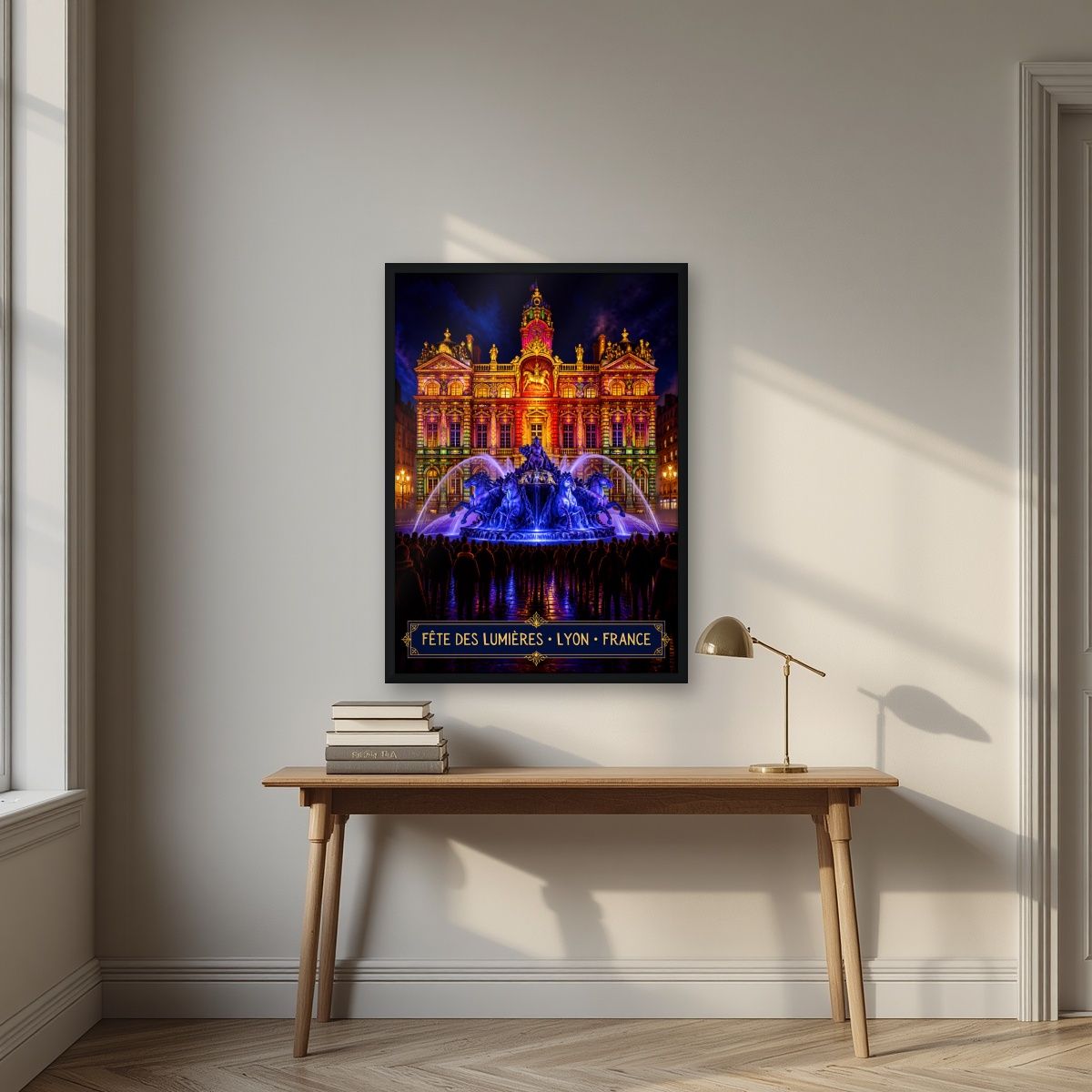 Fête des Lumières — Lyon art print, in a black frame, styled in a desk