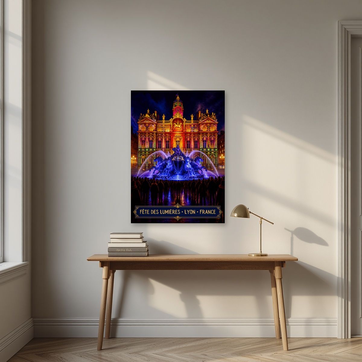 Fête des Lumières — Lyon art print, unframed poster, styled in a desk