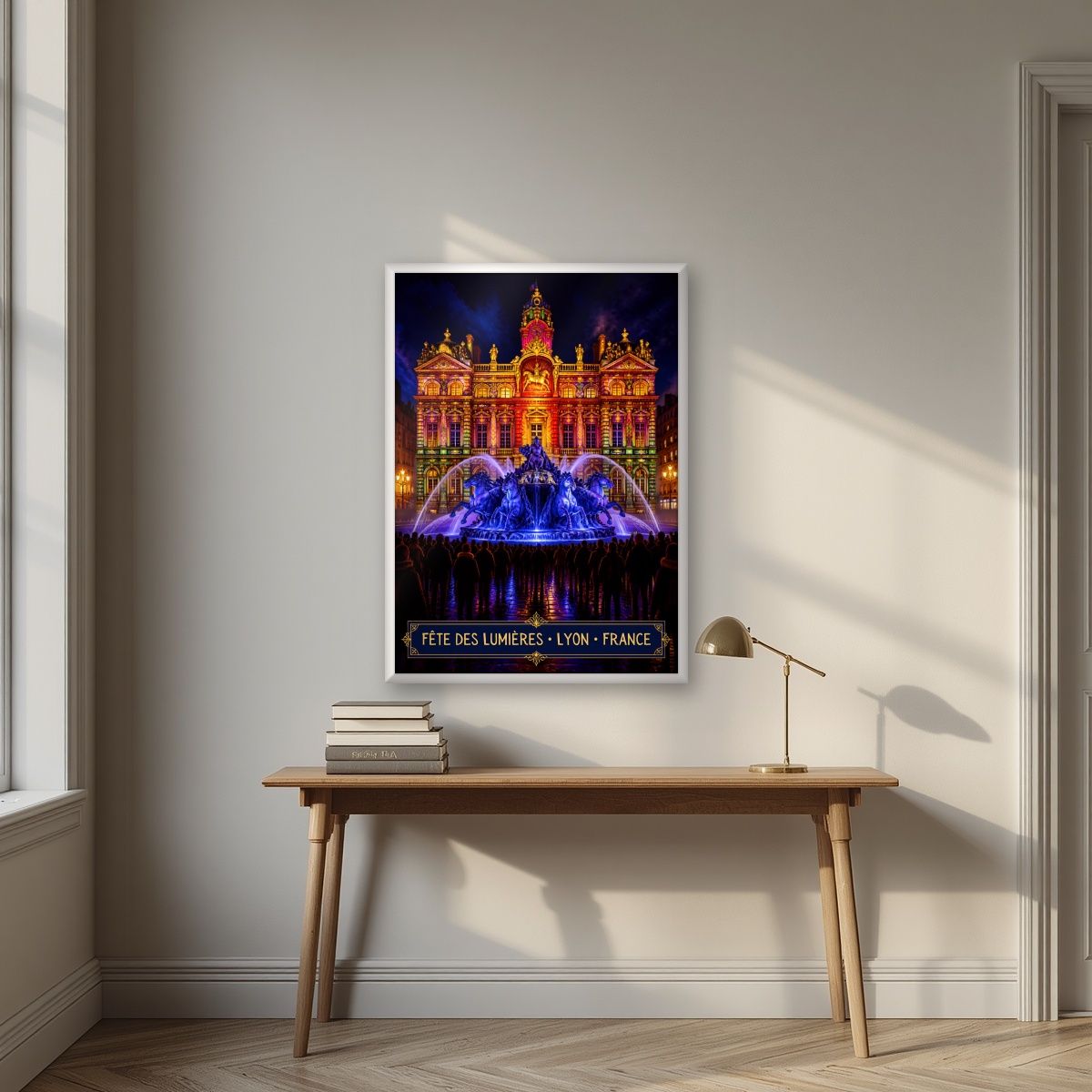 Fête des Lumières — Lyon art print, in a white frame, styled in a desk