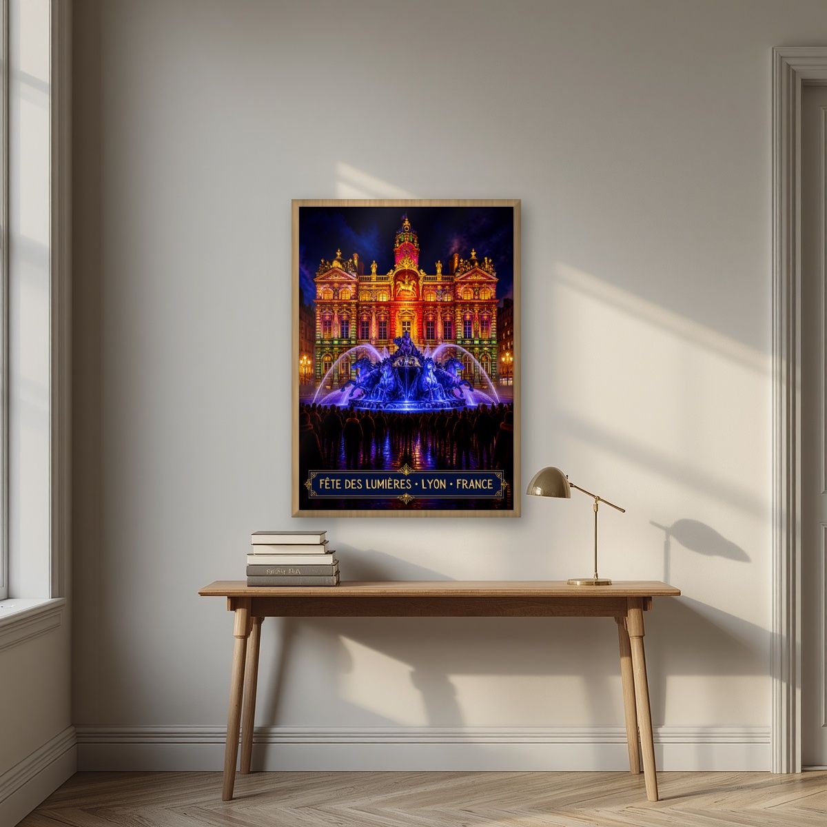 Fête des Lumières — Lyon art print, in an oak frame, styled in a desk